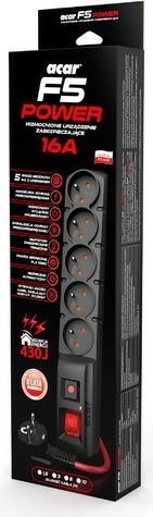 Prizë me shumë dalje Acar F5 Power, 1.5m, 5x230V, 16A, e zezë