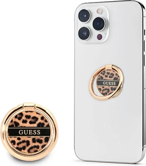 Mbajtëse unazë Guess Leopard Collection për celular, metal, kafe