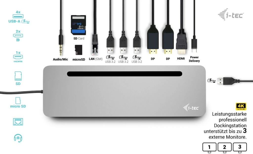 Docking station I-Tec USB-C Metal Ergonomic 3x 4K, 100W, argjendtë