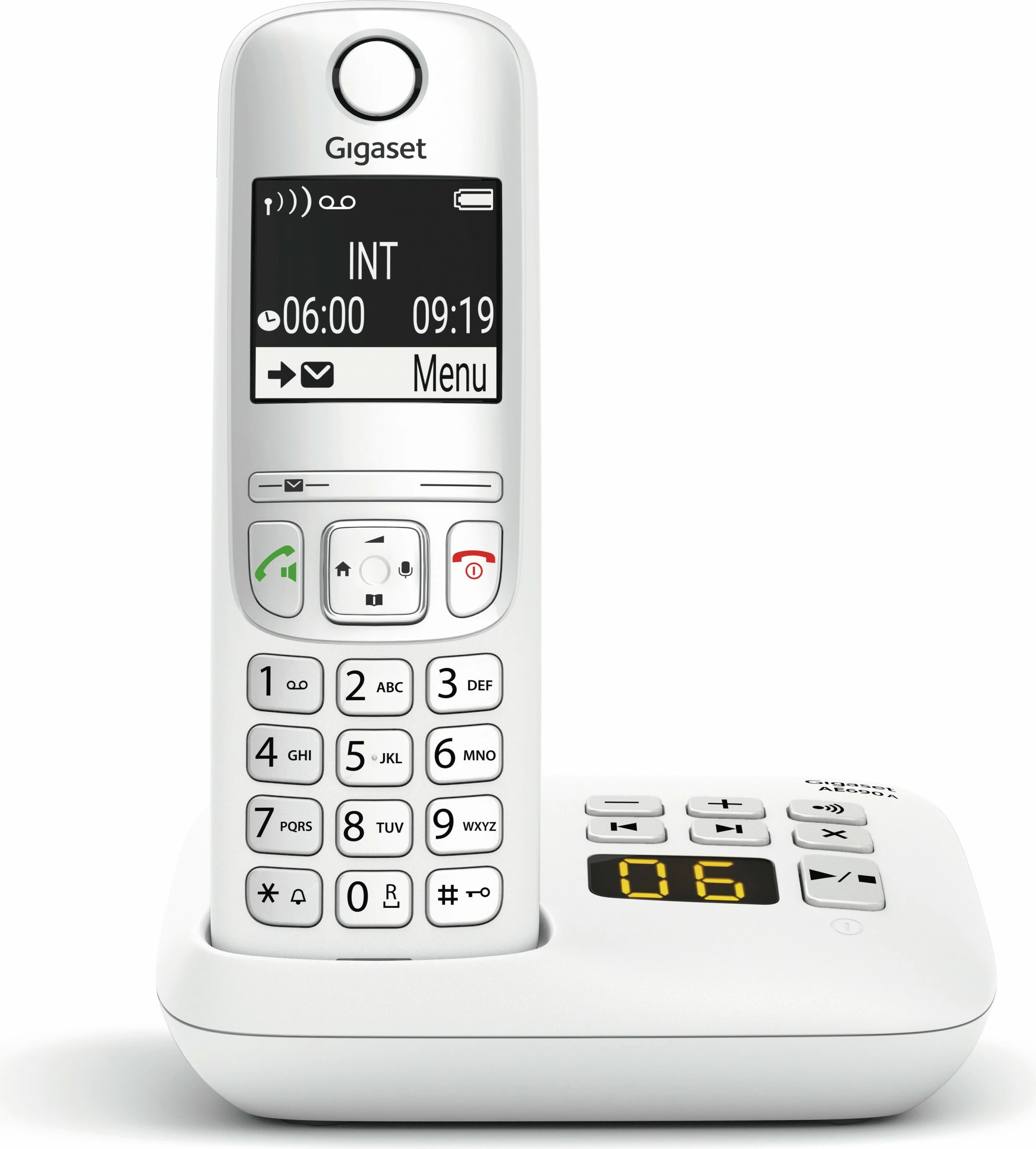 Telefon pa kabllo Gigaset AE690A, analog/DECT, regjistrues thirrjesh, 100 kontakte, i bardhë