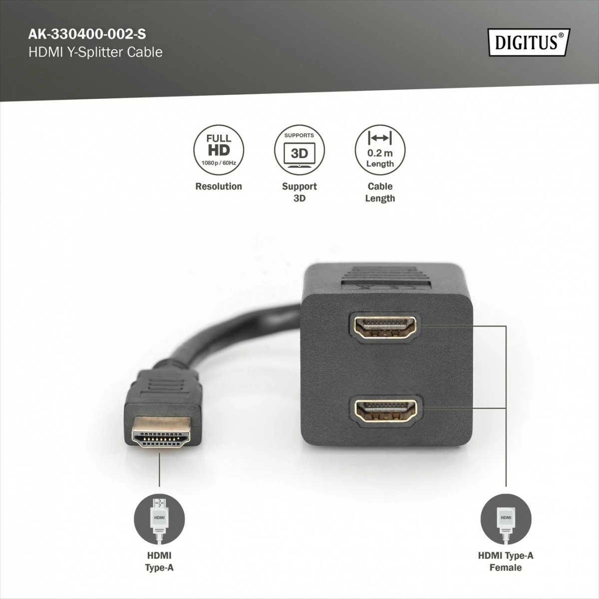Splitter HDMI Digitus AK-330400-002-S, 0.2m, i zi