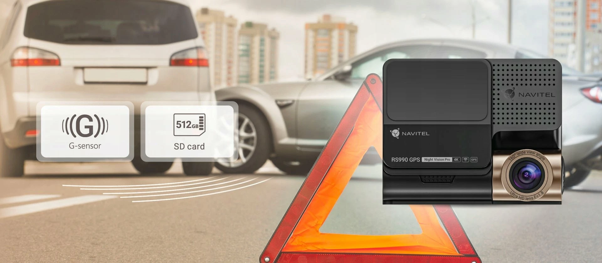 Kamerë për veturë Navitel RS990 4K GPS, set front+prapa me Wi‑Fi/ADAS, e zezë/ari