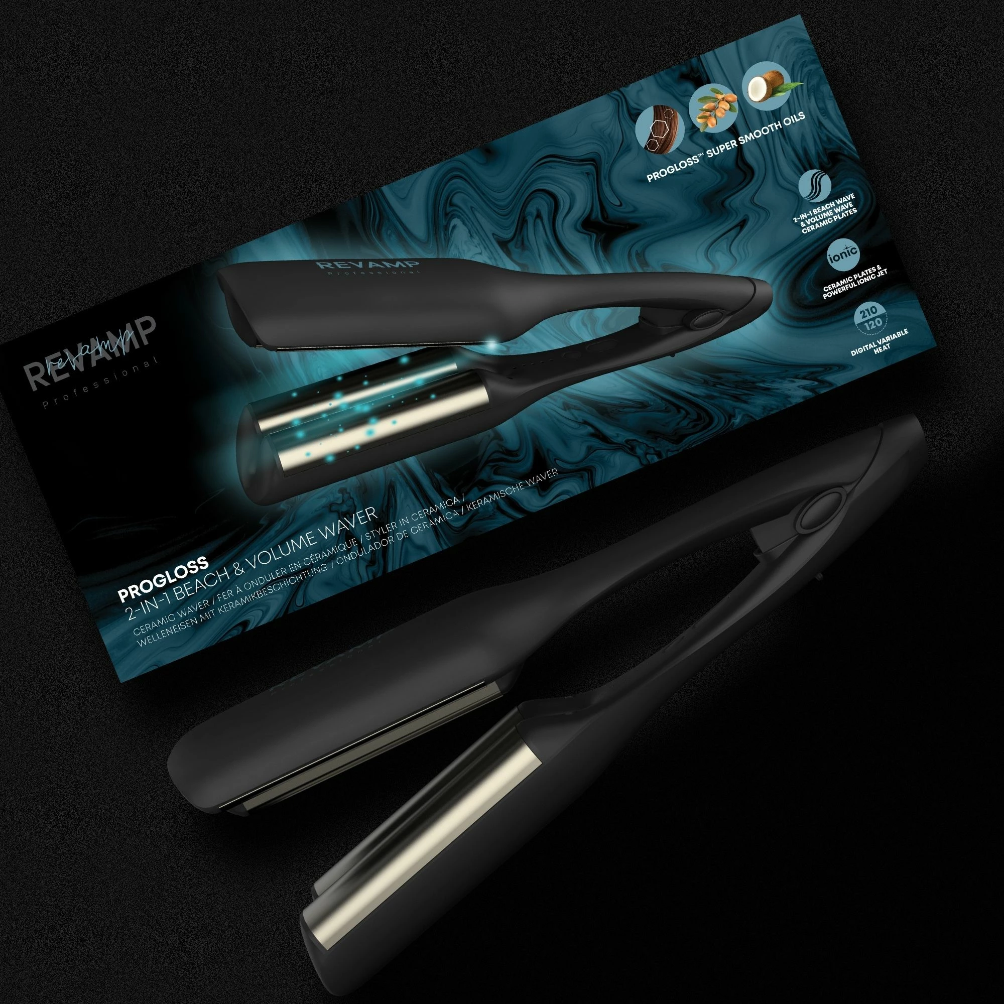 Piaster valëzues 2-në-1 Revamp Progloss WV-3000 Beach & Volume, 120-210°C, i zi, me tapet rezistent nxehtësie