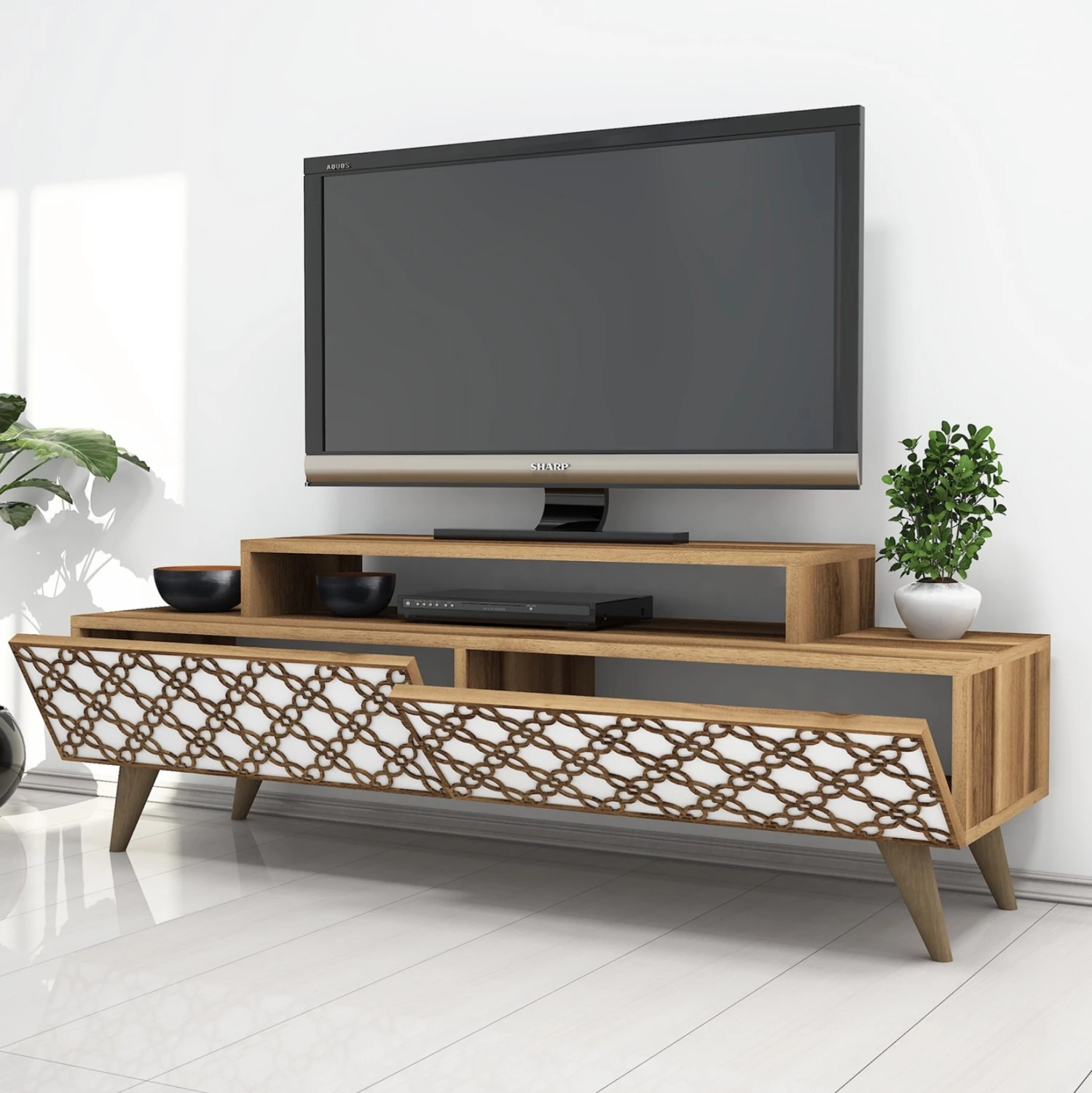 Komodinë TV melamine, ngjyrë arre dhe e bardhë, FH9510.04, 140x41.8x48.8 cm