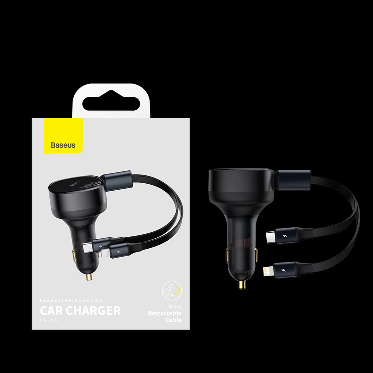 Karikues veture Baseus Enjoyment 2in1, 30W, me kabllo USB-C dhe Lightning, i zi