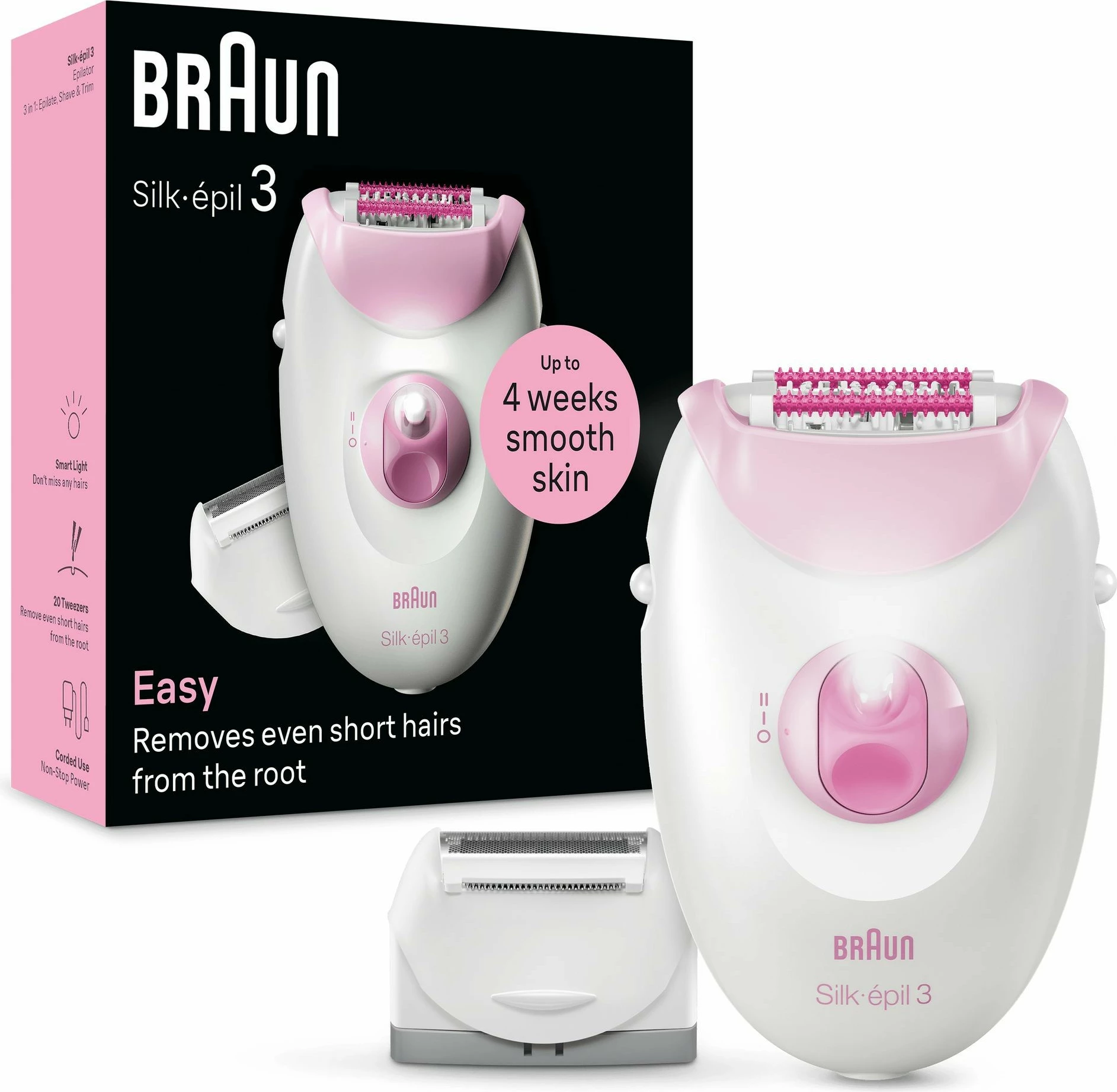 Epilator Braun Silk-épil 3 3-031, 20 pinceta, dritë, trimmer, rozë/bardhë