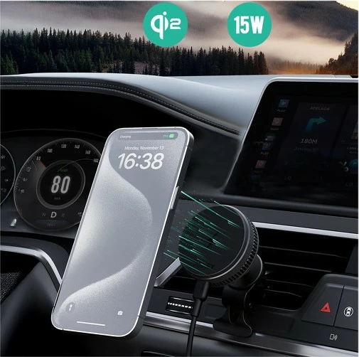 Mbajtës magnetik për veturë AUKEY HD-MC13A MagFusion Dash Pro, karikim wireless Qi2 15W, ftohje aktive, i zi