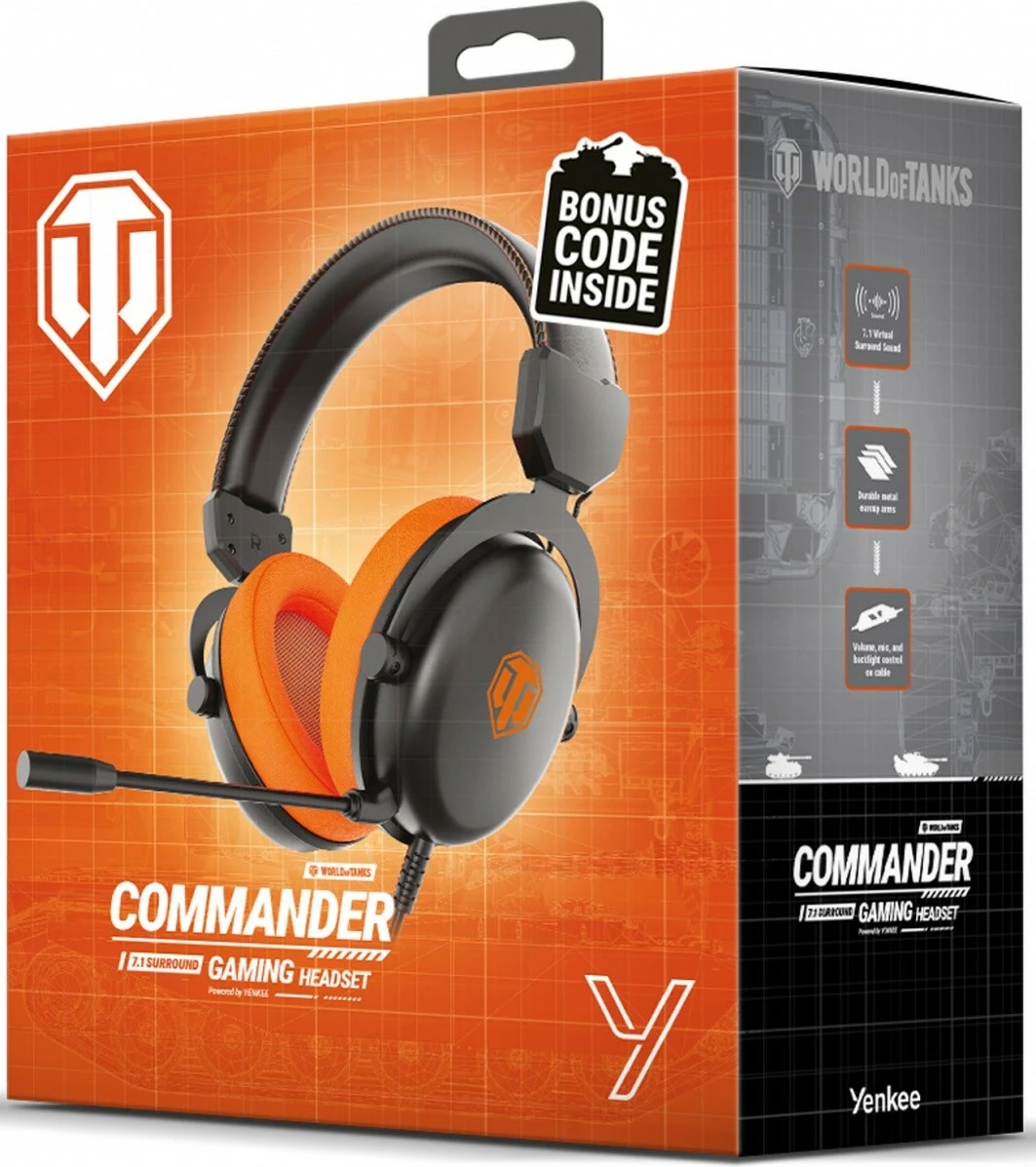 Kufje gaming YENKEE COMMANDER WT300 me mikrofon, 7.1 virtual surround, World Of Tanks, Zezë/Portokalli