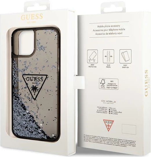 Mbështjellës Guess GUHCP14MLFCTPK për iPhone 14 Plus 6.7", Liquid Glitter Palm, i zi