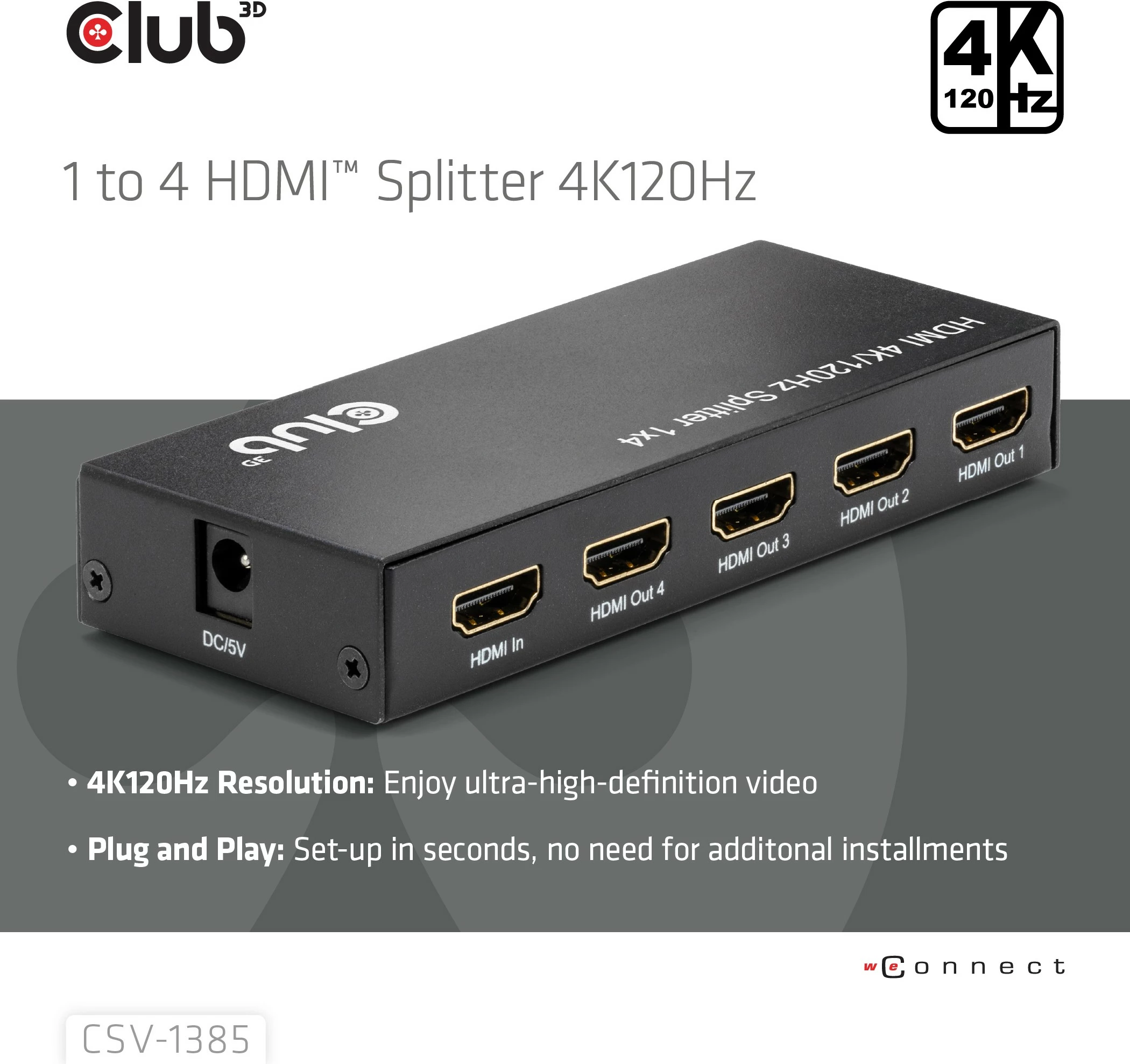 Splitter HDMI Club3D 1 në 4, 4K120Hz, i zi