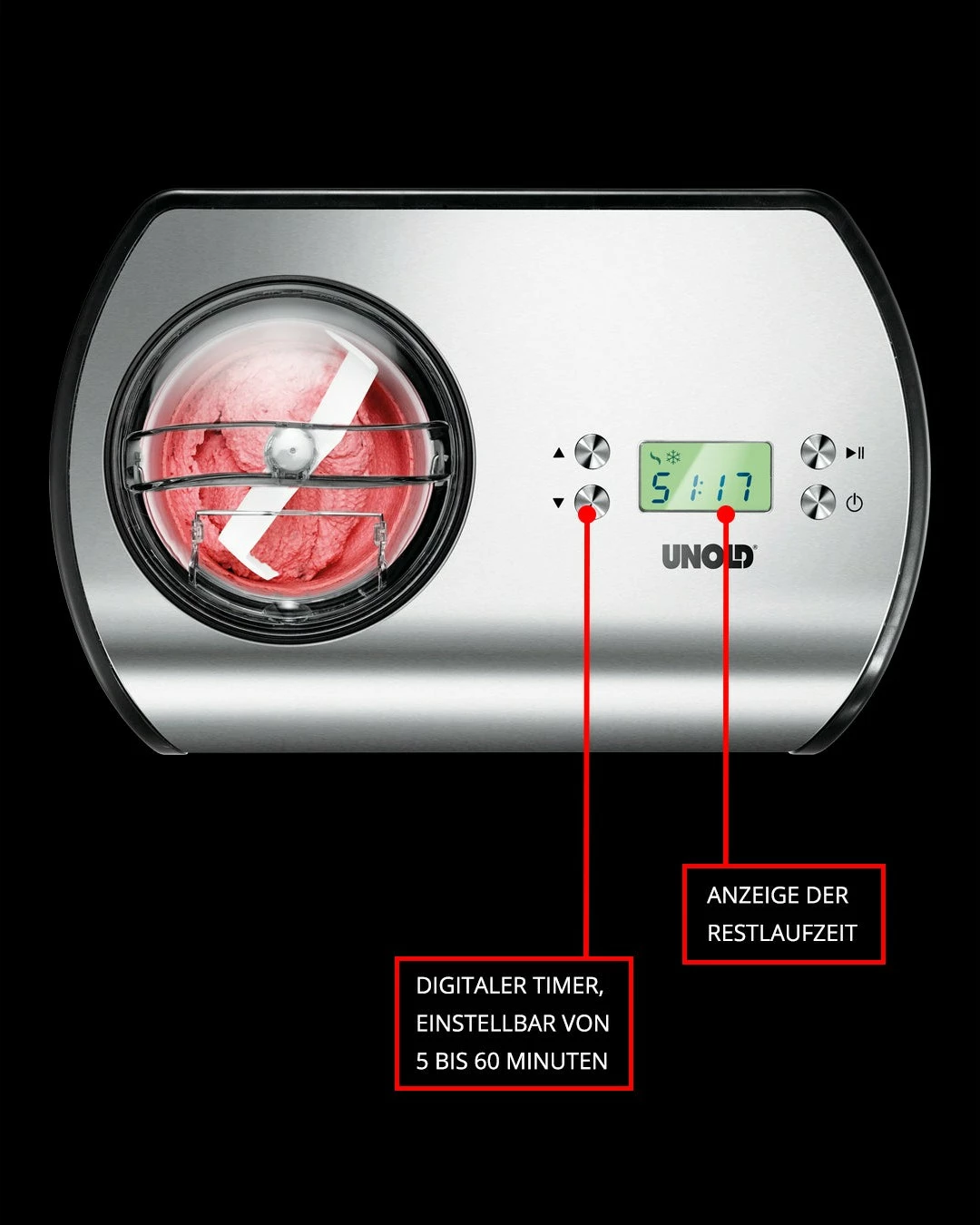 Aparat për akullore Unold 48865, 1.2 L, 30 min, LCD, 1.5 m, i zi