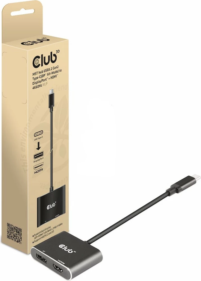 Adapter Club3D MST-Hub USB-C në DP/HDMI 4K60Hz, i zi