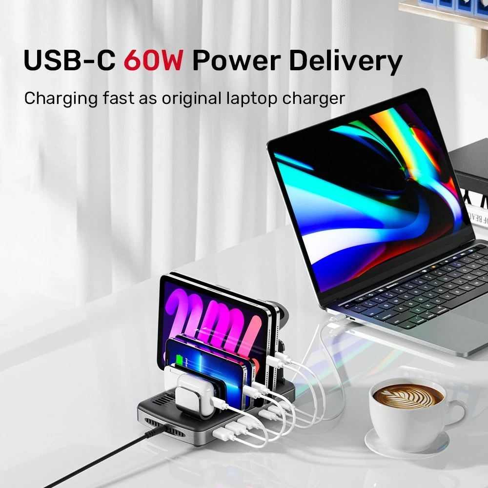 Stacion ngarkimi Unitek, 3 x USB-A 20W, 3 x USB-C PD 60W, 80W, e zezë