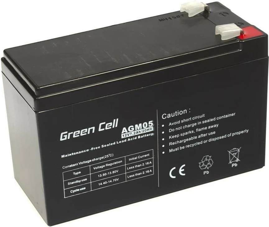 Bateri Green Cell AGM05, 12 V, 7.2 Ah, e zezë