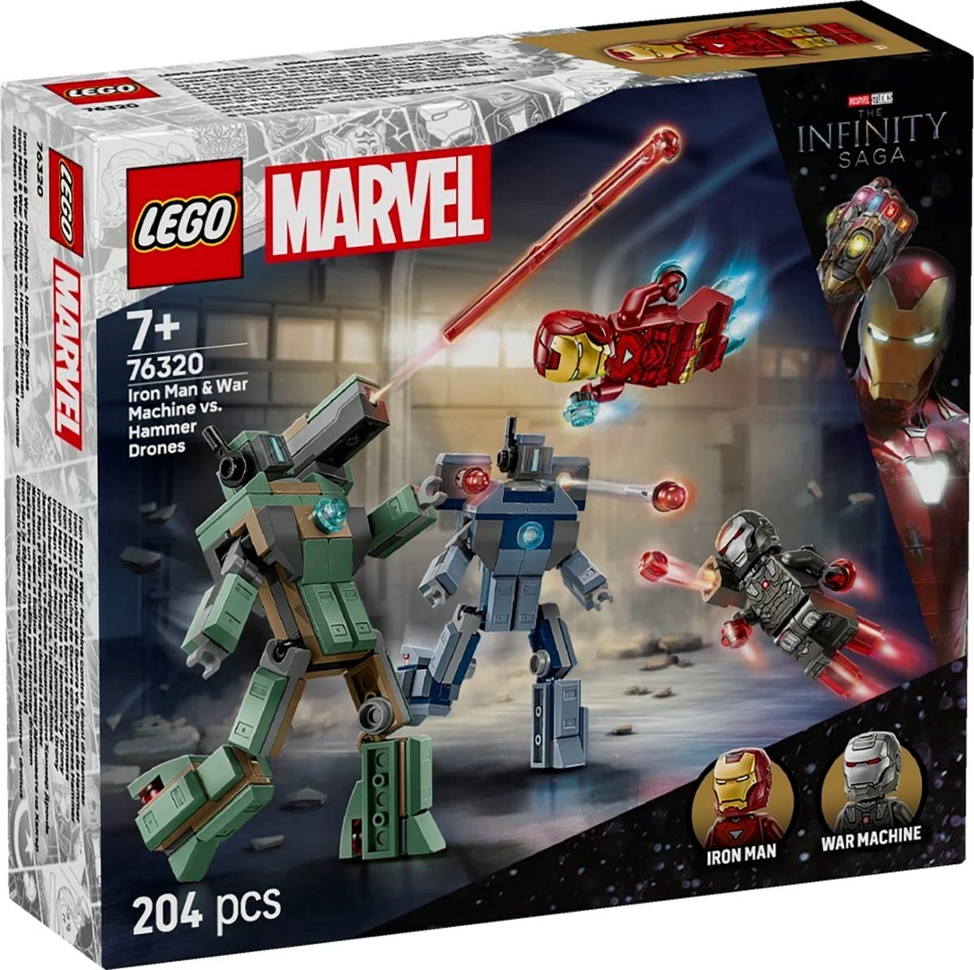 Set LEGO Marvel 76320 Iron Man & War Machine kundër Hammer Drones, 204 pjesë