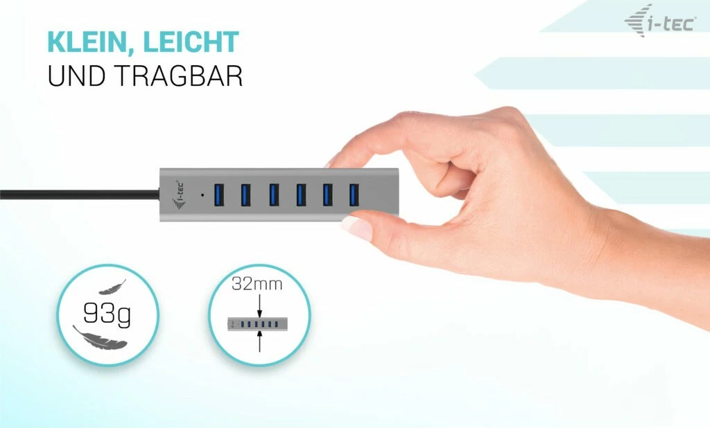 USB HUB I-Tec 7 porta, USB 3.2 Gen 1, 5000 Mbit/s, metalik, 0.3m, gri