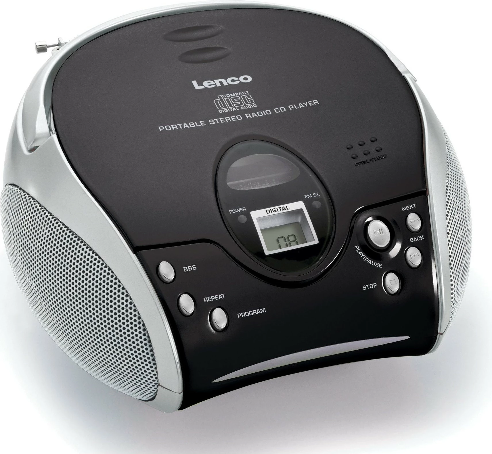 Radio CD player Lenco SCD-24, 2 altoparlantë, MP3, FM, i zi/argjendtë