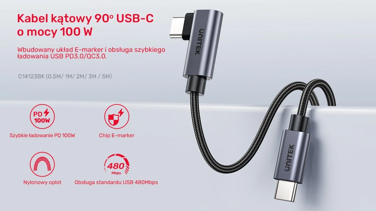Kabëll USB-C Unitek, 90° PD100W, 1m, zi-gri