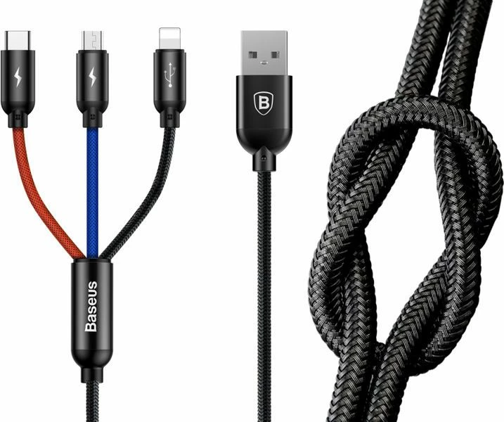 Kabllo USB 3-në-1 Baseus CAMLT-ASY01 0.3 m 3.5A USB-A në USB-C/microUSB/Lightning, blu/kuqe/zezë