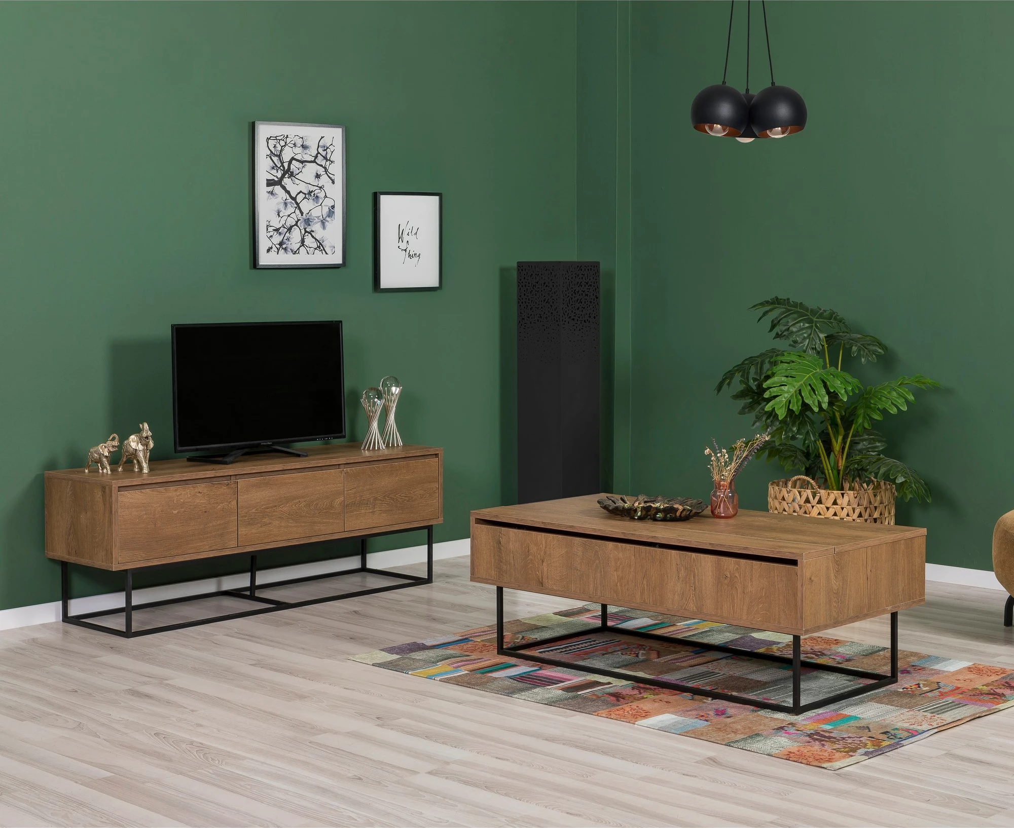 Set mobiljesh për dhomë dite, ngjyrë arre dhe e zezë, Skye Decor, Laxus Takım 18