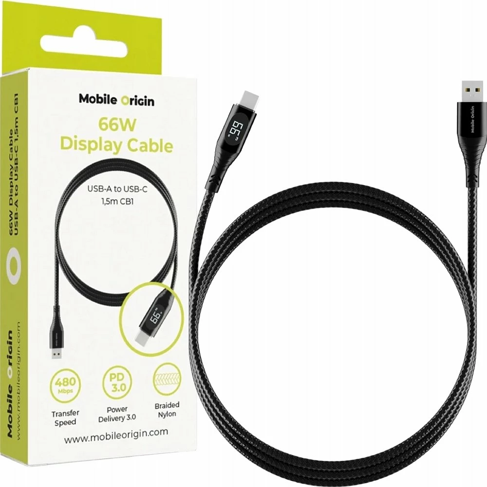 Kabllo USB-A në USB-C Mobile Origin MO-66WDC-CB1 66W 1.5m me ekran LCD, e zezë