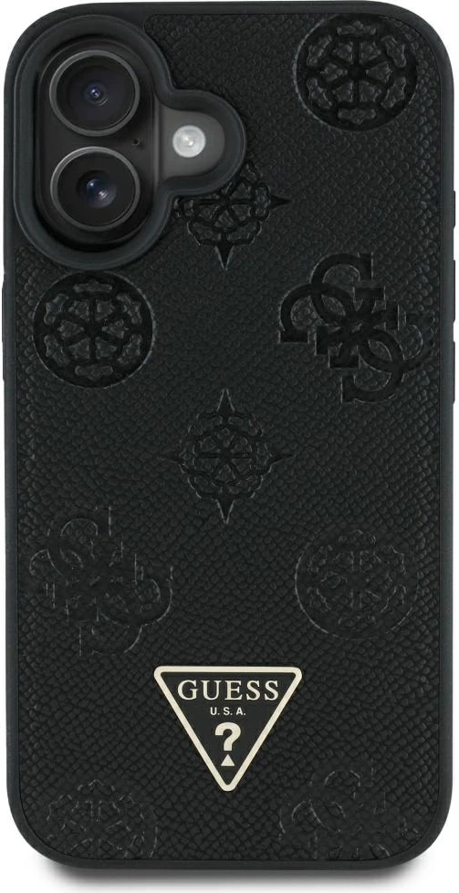 Mbështjellës Guess Grained Hot Stamp Peony Triangle Logo MagSafe për iPhone 16, i zi