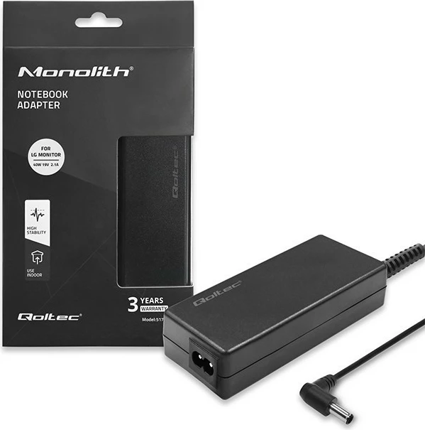 Adapter energjie për monitor Qoltec 51775, 40W, 19V, 2.1A, për LG, i zi, me kabllo