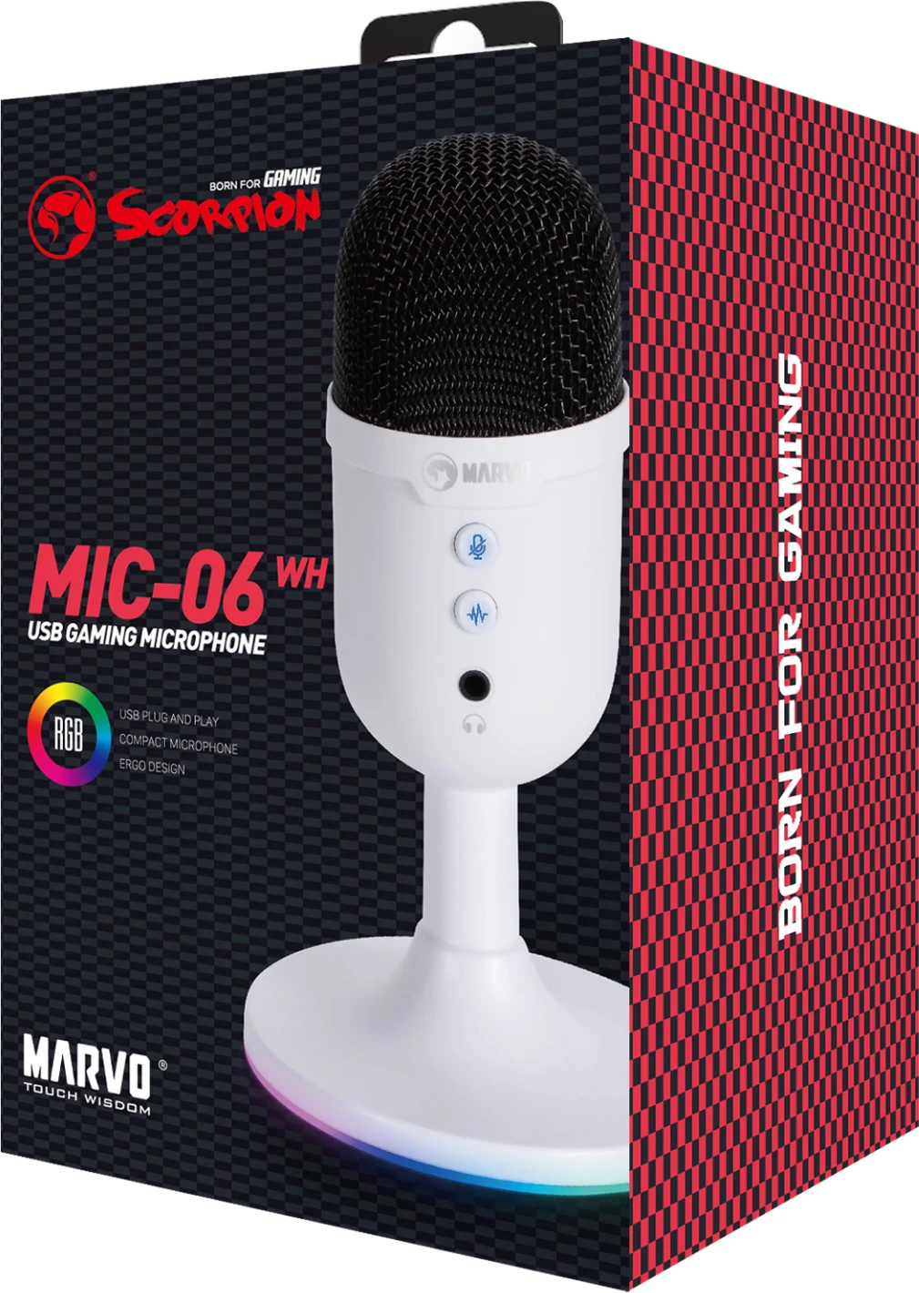 Mikrofon gaming Marvo MIC-06 RGB USB me dalje për kufje, i bardhë
