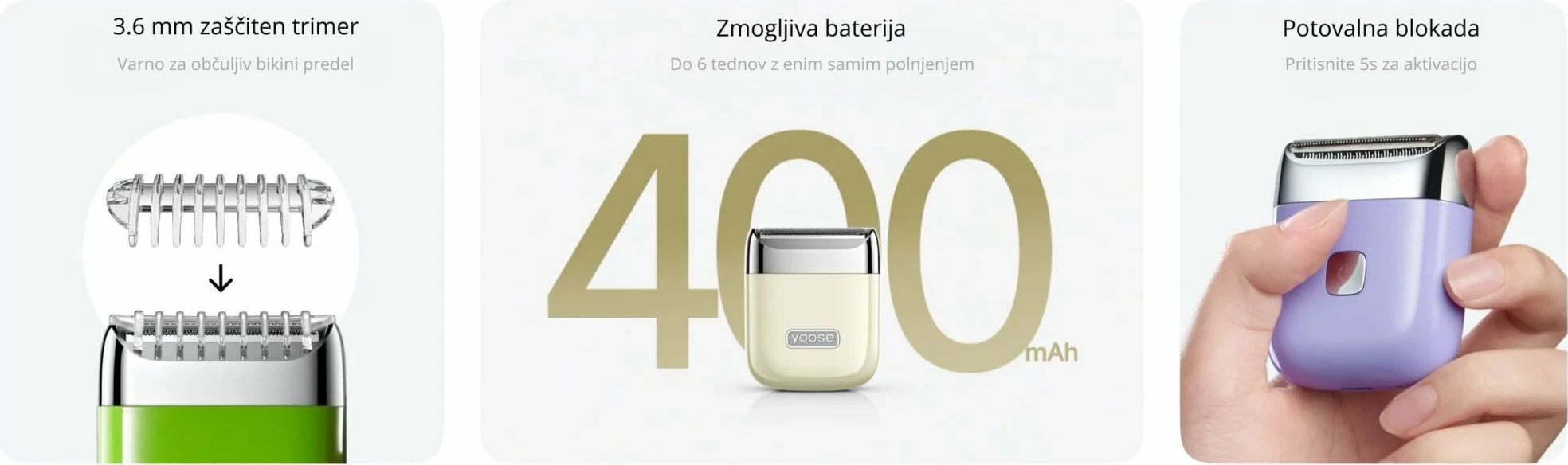 Makinë rroje për femra Yoose NANO, IPX7, USB-C, deri 6 javë, set me 5 pjesë, vjollcë