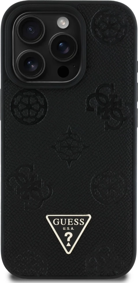 Mbështjellës Guess Grained Hot Stamp Peony Triangle Logo MagSafe për iPhone 16 Pro, Zi