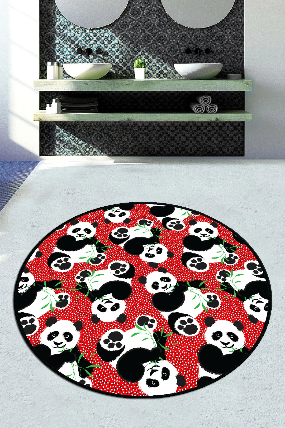 Tapet banjoje i rrumbullakët, dizajn panda, shumëngjyrësh, 80cm