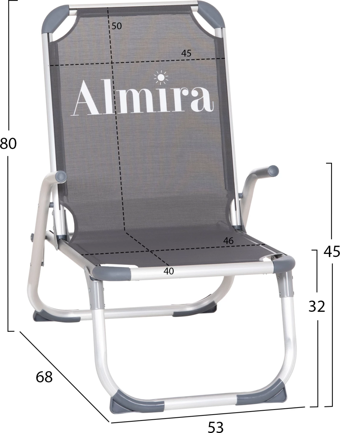 Karrige plazhi e ngritur, alumin i fortë, Almira FH6431.10, tekstilene gri, 53x68x80cm