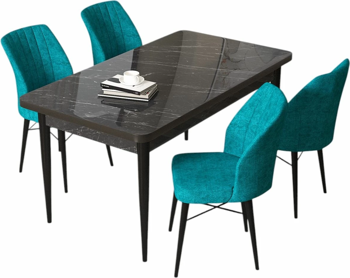 Tavolinë me karrige, 5 copë, Skye Decor, mermer i zi, turquoise