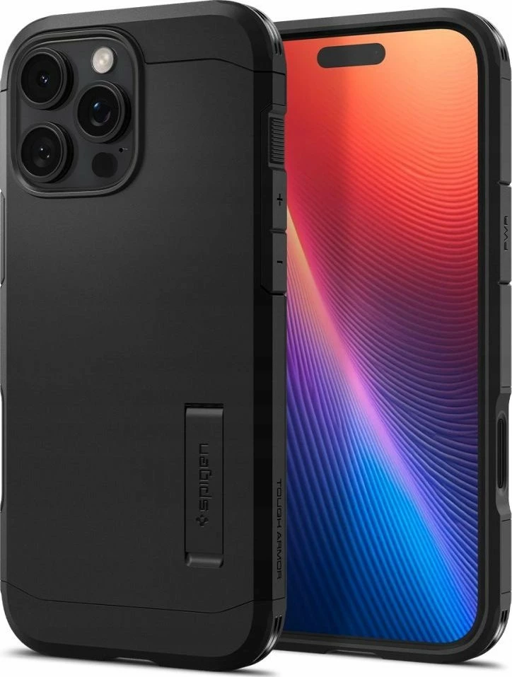 Mbështjellës Spigen Tough Armor "T" Mag për iPhone 16 Pro, MagSafe, me kickstand, i zi, 1 copë