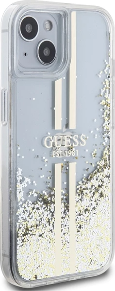 Mbështjellës Guess Liquid Glitter Gold Stripes për iPhone 15 Plus / 14 Plus, Transparent