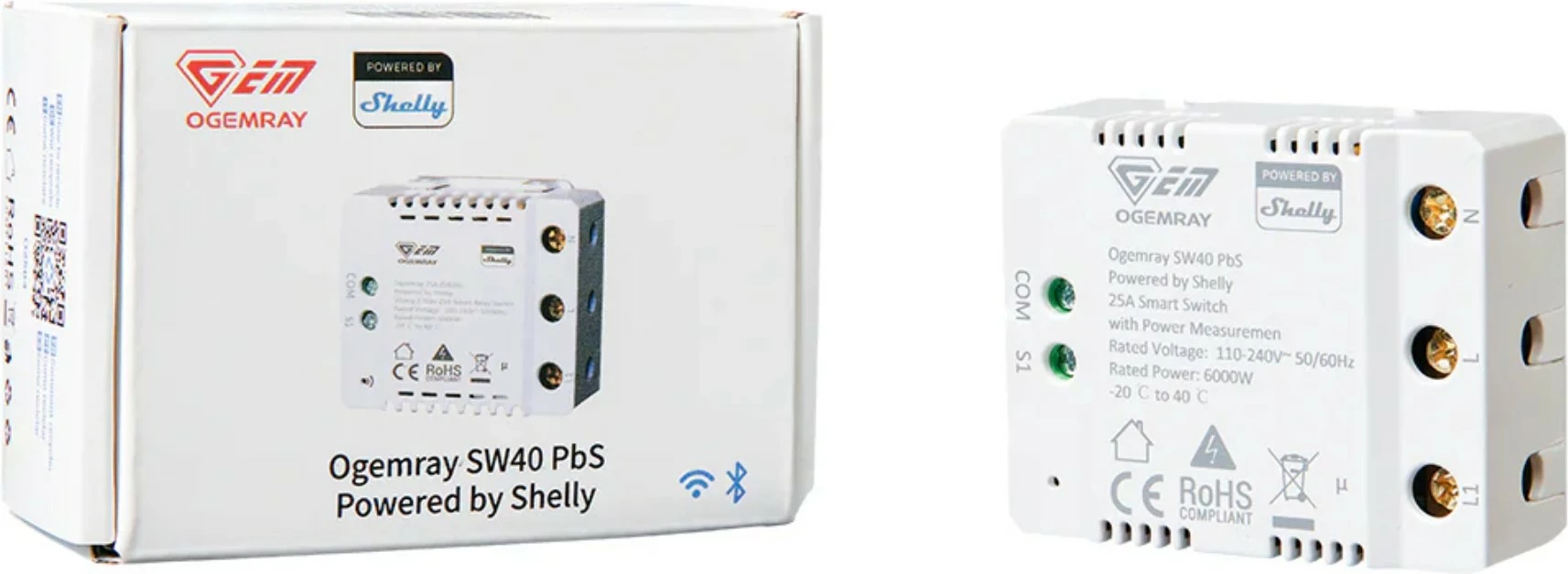 Relé i mençur Shelly PbS Ogemray 25A, Wi-Fi, Bluetooth, i bardhë