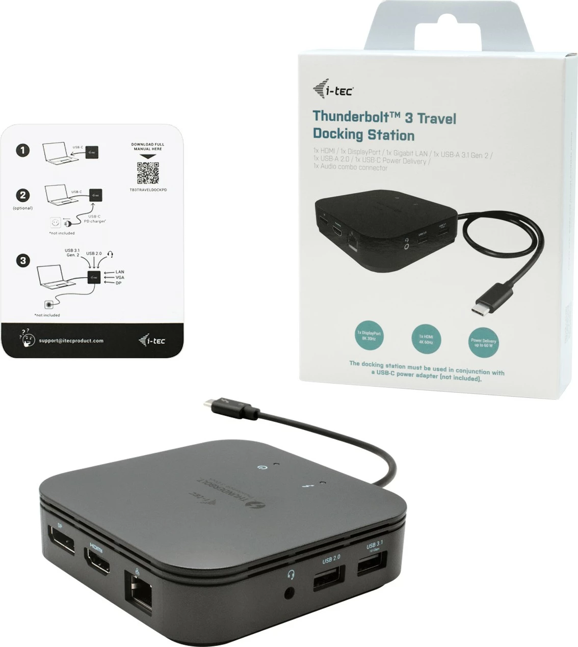 Docking station I-Tec Thunderbolt 3 Travel Dock, Dual 4K Display, 1x DP, 1x HDMI, 1x GLAN, 1x USB 3.1 Gen2, 1x USB 2.0, 1x Audio, e zezë