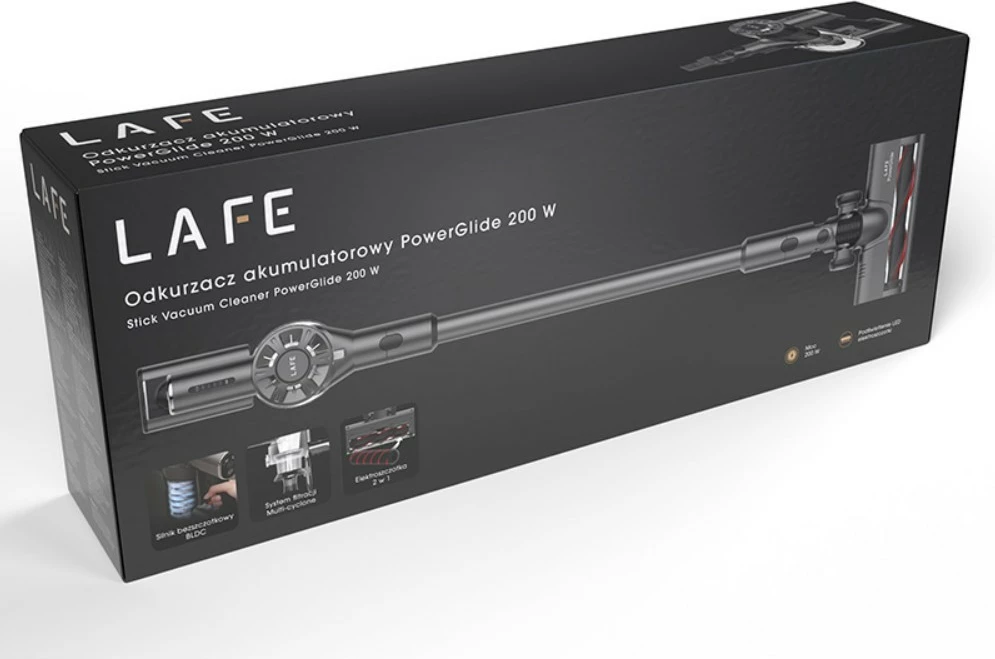 Fshesë vertikale pa kabllo, Lafe, PowerGlide 200W BLDC, 22 kPa, 0.5 L, deri 35 min, 2200 mAh, e zezë