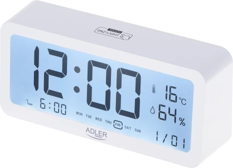 Orë alarmi, Adler, AD 1195, ekran me ndriçim, 3 alarme, shfaq kohë/datë/temperaturë/lagështi, me bateri 2xAA, bardhë