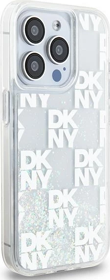 Mbështjellës DKNY Liquid Glitter Multilogo për iPhone 15 Pro, i bardhë