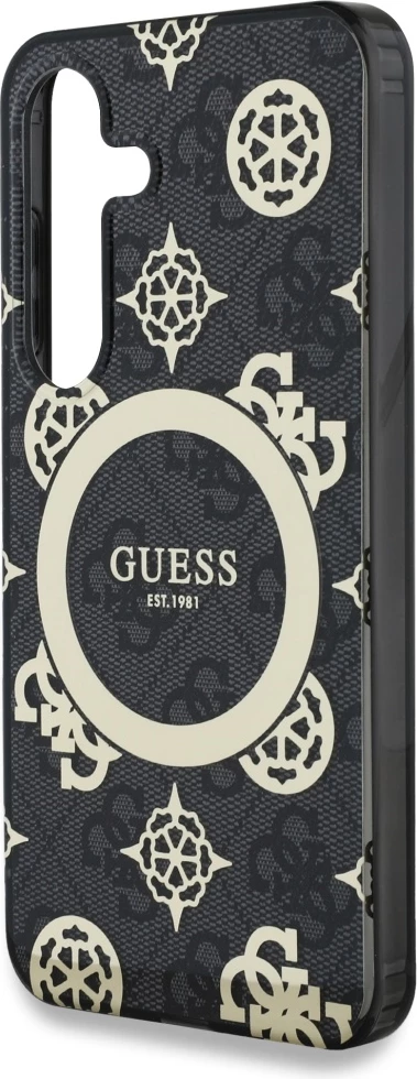 Mbështjellës Guess 4G Background Gold Electroplated Peony Pattern MagSafe për Samsung Galaxy S25, Zi
