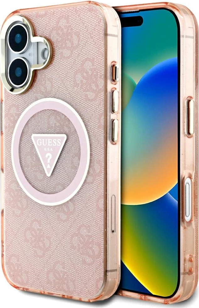 Mbështjellës Guess IML Metal Glitter 4G Circle Triangle MagSafe për iPhone 16, Rozë