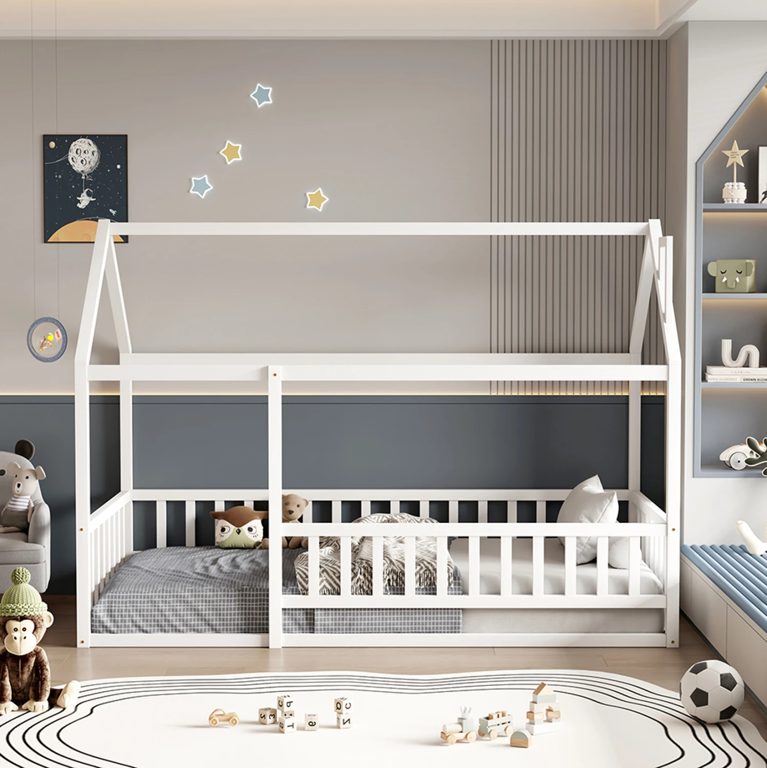 Krevat për fëmijë me parmakë, formë shtëpie, dru i bardhë, FH706.03, 190x90cm