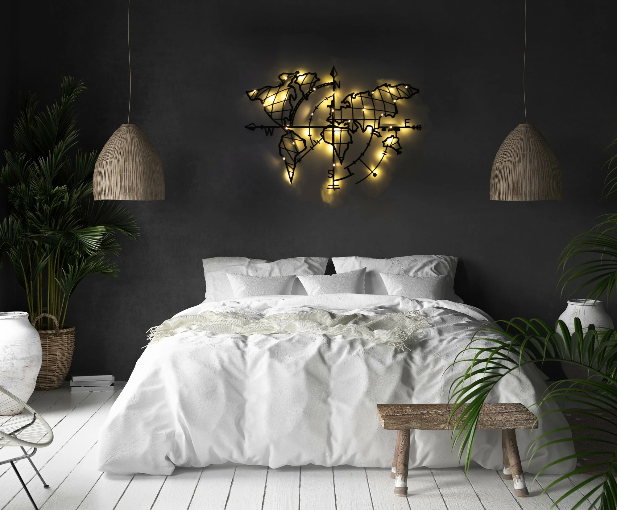 Aksesor dekorativ metalik për mur, hartë bote me busull dhe LED, ngjyrë e zezë