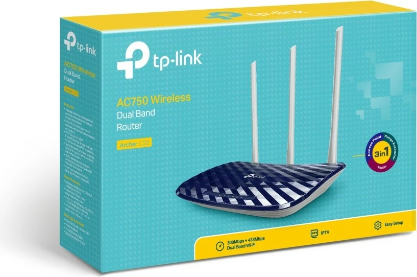Router TP-Link Archer C20, 2.4/5GHz, 802.11b/g/n/a/ac, 300/433MBit, ngjyrë e kaltër