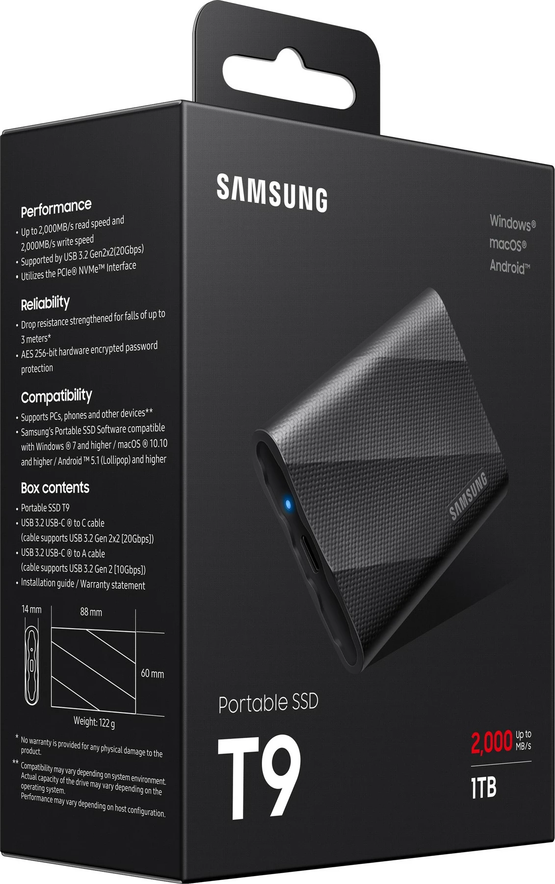 SSD Samsung MU-PG1T0B, 1 TB, USB Type-C, 2000 MB/s, e zezë