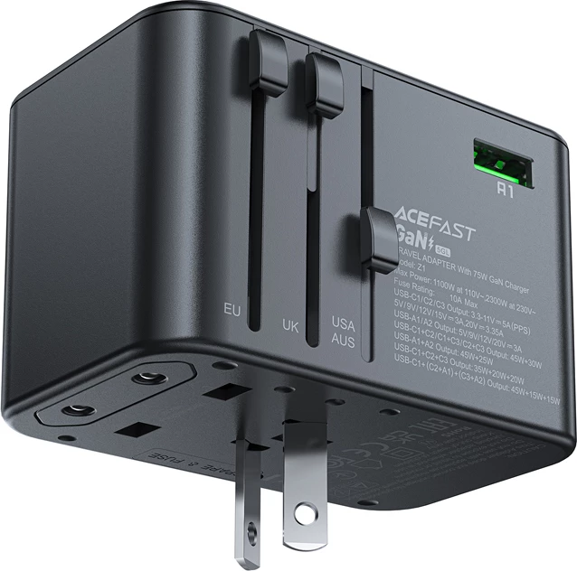 Karikues udhëtimi Acefast Z1 GaN, 75W, 3x USB-C, 2x USB-A, i zi