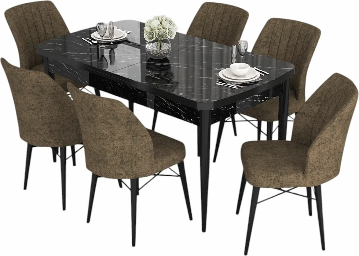 Tavolinë me karrige, zgjatshme, 7 copë, Skye Decor, Eva, mermer i zi, kafe