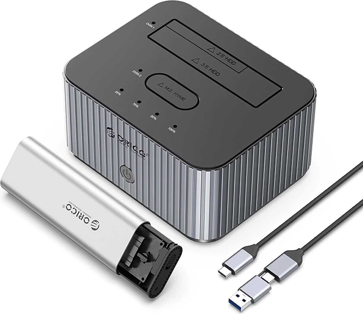 Kasë Orico IT28E-C për 2 disqe, me klonim offline, USB-C, Gri