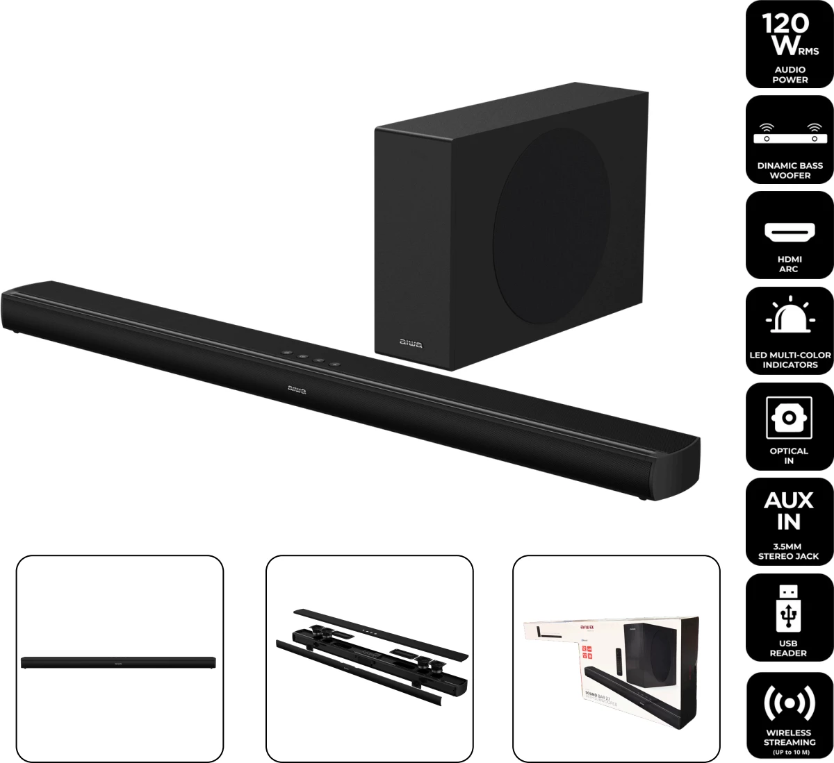 Soundbar Aiwa HE-1200SW 2.1 120 W RMS me subwoofer wireless, Bluetooth 5.3, HDMI ARC, e zezë